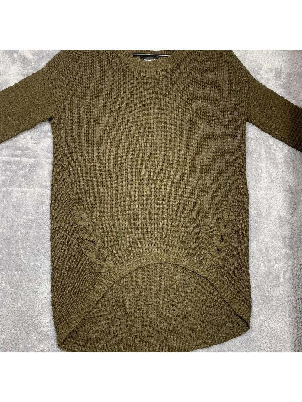 Express Women's Olive Green Sweater Dress Size Small 100% Cotton Long Sleeve Tun